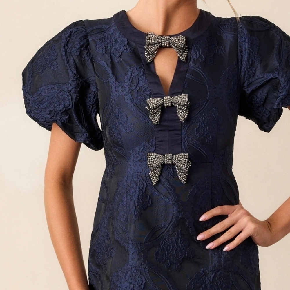 Navy Jacquard Mini Dress with Bow Accents - Picture 3 of 15